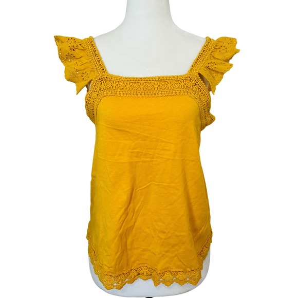 George Eyelet Tank Top Ruffle Sleeve Crochet Trim Yellow XS - Picture 1 of 7